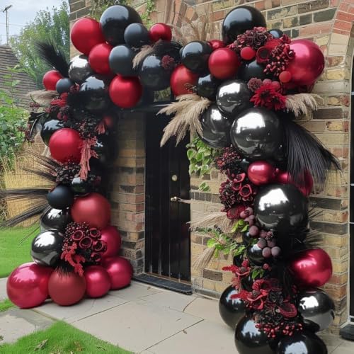 Image of Black Red Balloons Thick Double Stuffed Black Burgundy Balloon Garland Arch Kit for Gothic Vampire Till Death Do Us Rip To Twenties Halloween Birthday Party Decorations