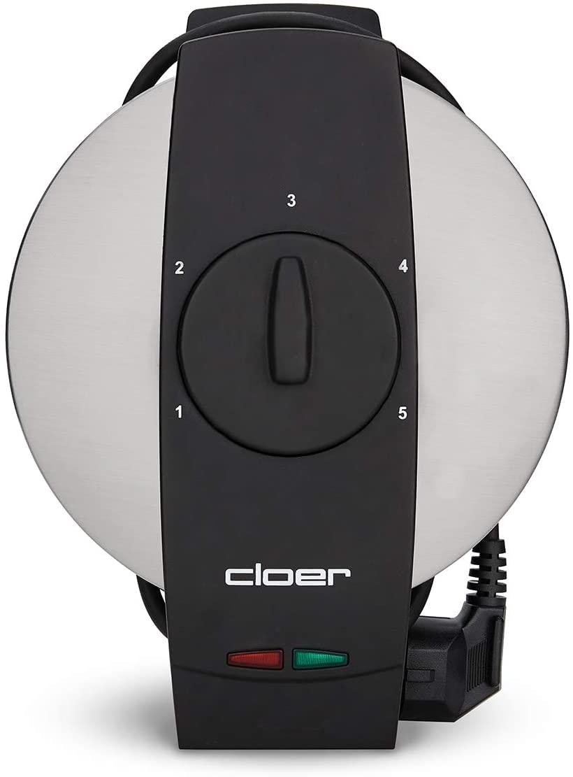 Cloer 1639SR Gofrera, tamaño de gofre 15.5 cm Ø, revestimiento antiadherente doble, resistente al azúcar, 930 vatios, luz para hornear, práctica función de soporte, carcasa de acero inoxidable