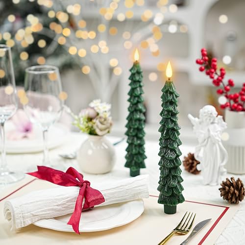 Image of 3 Flame Free Cone Candles with Remote Control, Real Wax LED Battery Powered Candle Warm 3D Wick New Year Decoration (Green, 0.8 X 10 inches)
