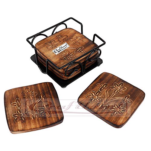 Craftland Wooden Coaster Set of 6 with Carved Flower Design on Coaster with Wrought Iron Holder for Coffee Table/Kitchen/Dining Table