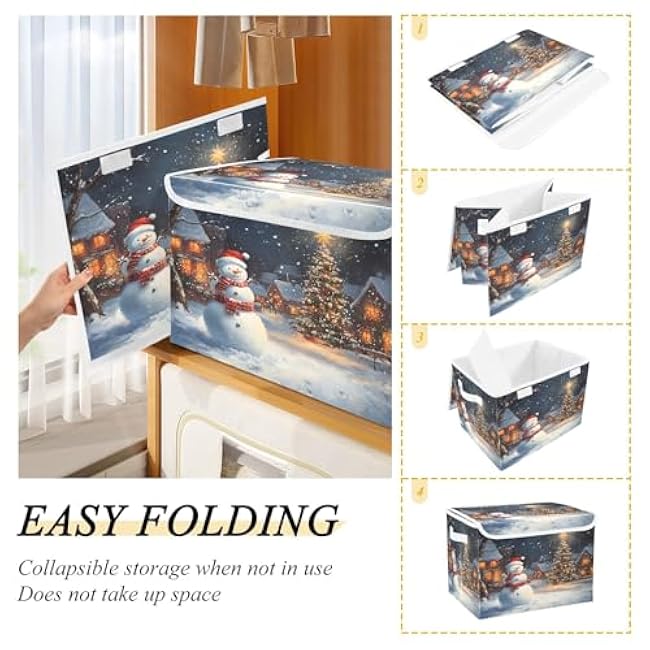 Storage Bins with Lids and Handles,Snowman House Christmas Storage Box Storage Basket with Cover Collapsible Organizer Containers for Home Closet, Shelves
