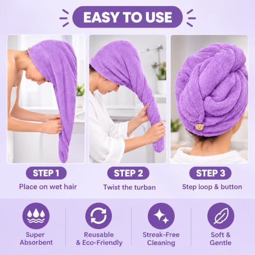 Image of Hair Towel Wrap for Women-Quick Drying Microfiber Towel for Hair with Elastic Loop for Tying-Super Absorbent Head Towels Wrap for Ladies Hair Turban (Pack 1, Purple)