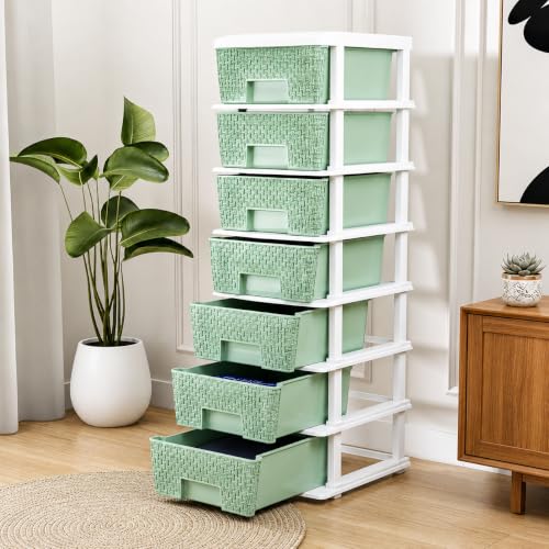 Image of KITCHIVO Plastic Modular Drawer Storage Chest Of Drawers Organizer Storage Box, Large Stomo Racks For Multipurpose Anti-slip Shoes Organizers (White & Green, 7 Layer)