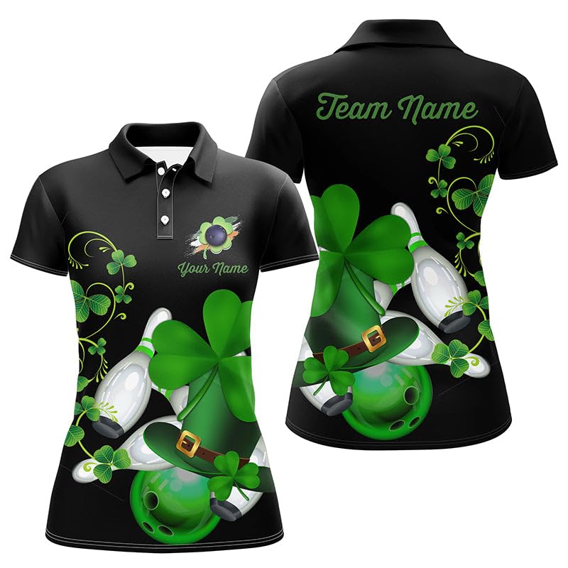 Herren & Damen Bowling Shirt mit Viertelreißverschluss, Grünes Kleeblatt Design, Individuell Gestaltetes Schwarzes Team Jersey für St. Patrick's Day N7195