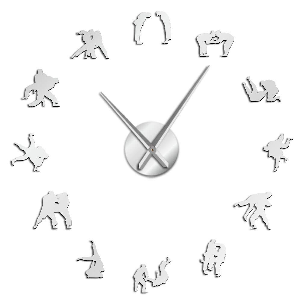 YH Japanese Martial Art Judo Players Silhouette DIY Wall Art Decorative Large Wall Clock Judo Wrestler Hanging Frameless Wall Watch(Silver,37in)
