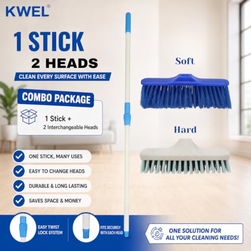 Image of KWEL 2-in-1 Floor Cleaning Brush Combo with 4 fit Telescopic Stick | Interchangeable Soft & Hard Brush Heads | Multipurpose Cleaning Brush for Home, Bathroom, Kitchen & Outdoor