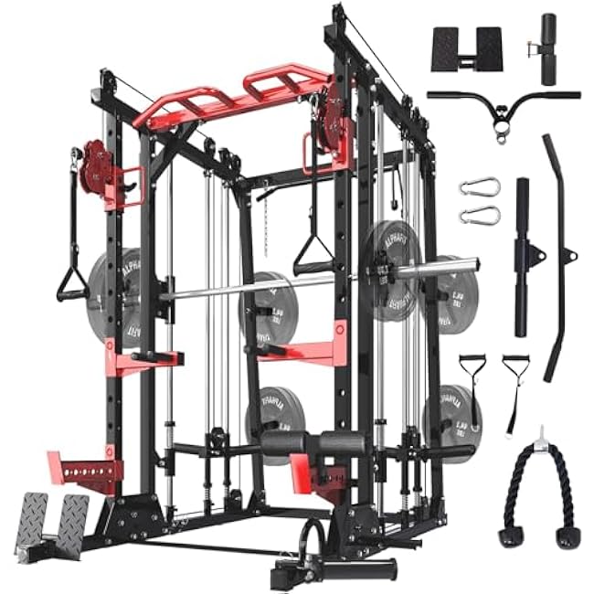 Smith Machine with LAT-Pull Down System & Cable Crossover Machine, 2000LBS Power Cage Rack for Garage Workout & Home Gym