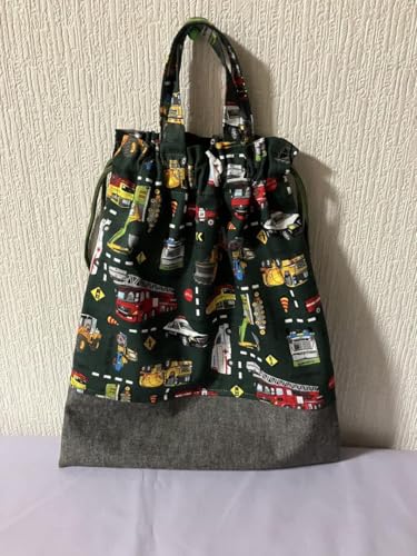 モスグリーン働く車柄レッスンバッグ、上履き入れ、お着替え袋 祝ご