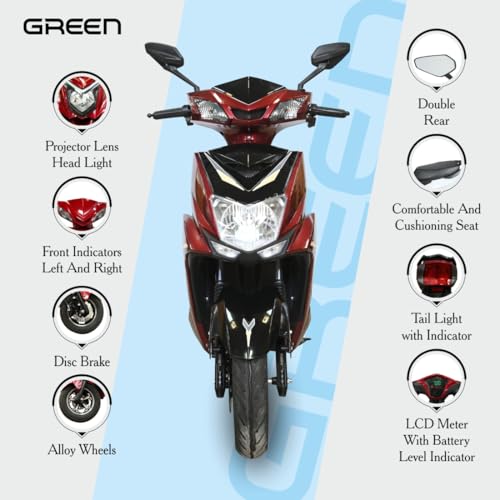 Image of Green Invicta Low Speed Electric Scooter Non RTO 60KM Range Red with Portable Charger