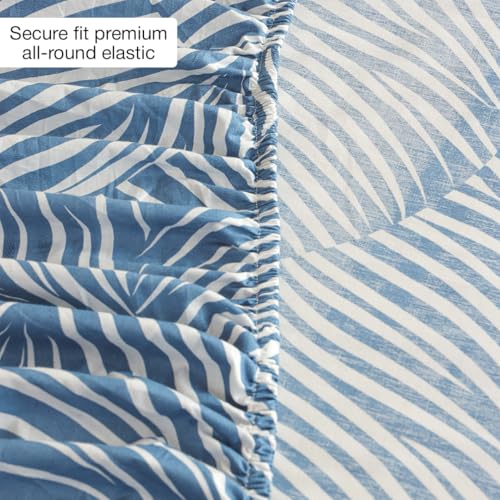Image of HOMEMONDE Cotton Fitted Sheet Feather Printed Double Size Elastic Fitted Bedsheet with Two Pillow Covers |186 TC | (78 X 60 Inches, Blue Feather) | Perfect for Home Decor & Gifting