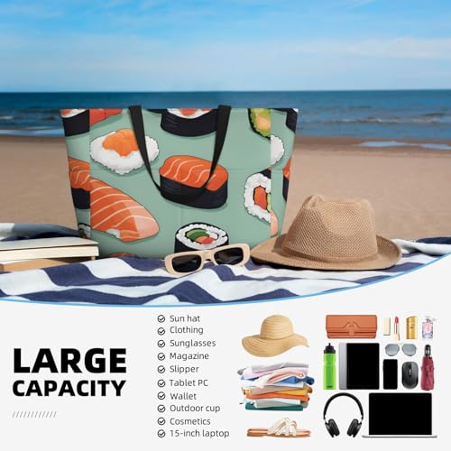 Large Capacity Beach Bag Waterproof Pool Tote for Gym Swimming Camping Carry On Bag Delicious sushi Print2