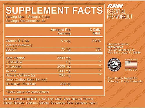 Raw Essential Pre-Workout Powder (Orange) - Chris Bumstead Sports Nutrition Supplement For Men & Women - Preworkout Energy Powder With Caffeine, L-Citrulline, L-Tyrosine, & Beta Alanine Blend #TOP1