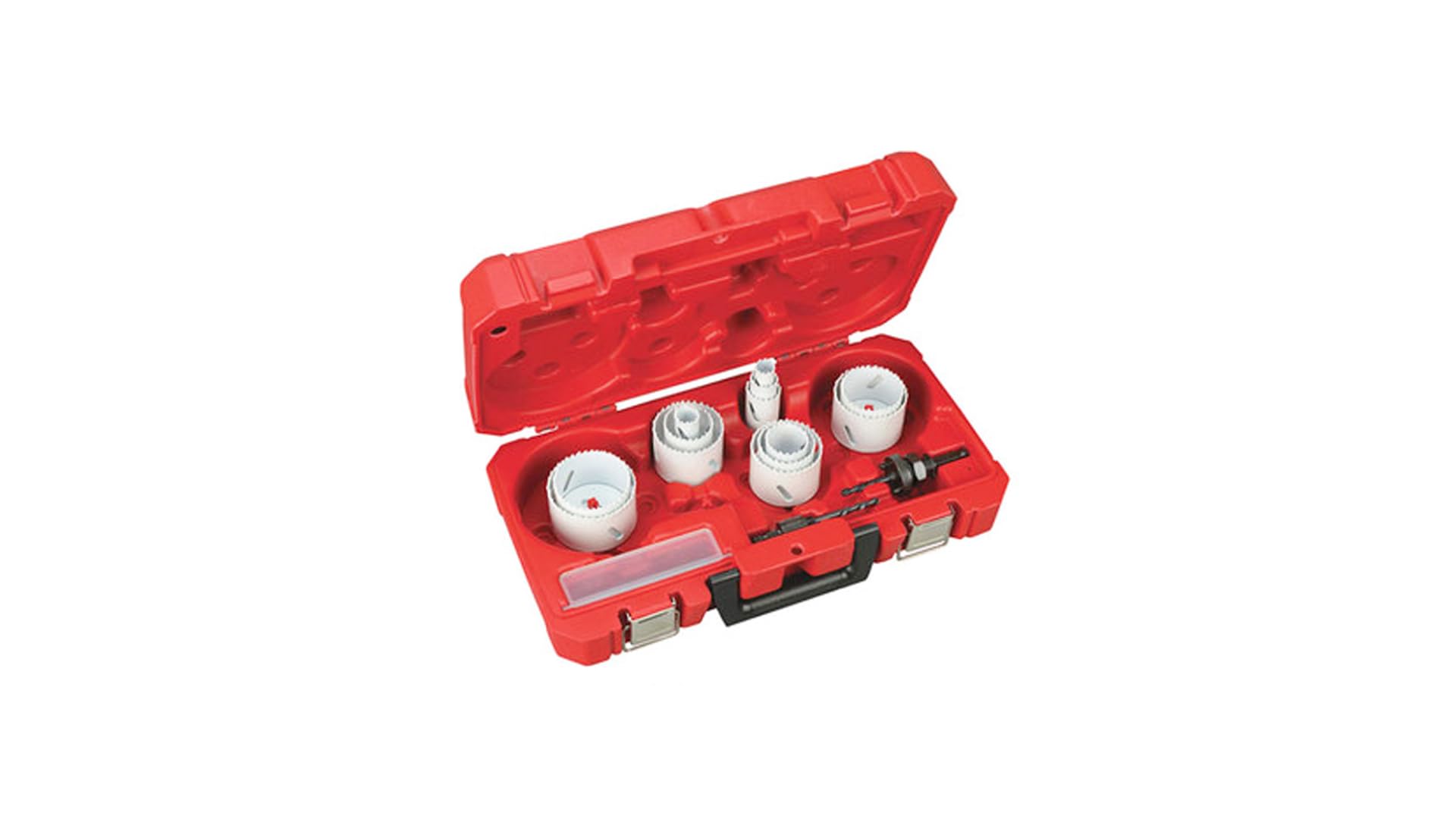 Estuche de 17 piezas 20, 22, 25, 32, 40, 44, 51, 57, 64, 65, 67, 68, 76mm 1x Adaptador 14-30mm 1x Adaptador 32-210mm 2x Broca piloto Llave allen