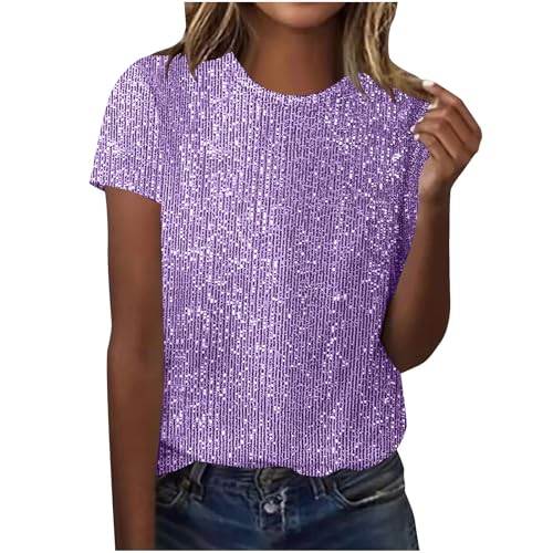 Sequin Top for Women UK Sparkly Glitter Shiny Blouse Ladies Elegant Crew Neck Short Sleeve Loose T Shirts Party Tank Festival Dress Tunic Tee Evening Night Going Out Prom Club Christmas XXL Purple