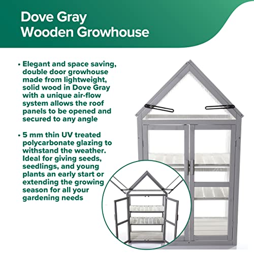 Gardman R70200425 Dove Gray Wooden Growhouse with UV Treated Polycarbonate Glazing and Adjustable Shelves. Dimentions:16" x 28" x 52" inches (LxWxH)
