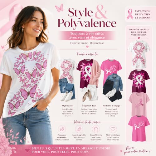 Tee Shirt Octobre Rose Femme 2026 Grande Taille Imprimé Ruban Rose Cancer du Sein Tshirt T-Shirts À Manches Courtes Col Rond T-Shirt Haut Chic Et Élégant Teeshirt Coton – vue 7