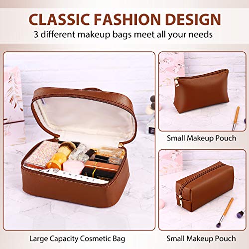 Makeup Bags,Cosmetic Bag 3 Packs Travel Makeup Bag for Women Portable Makeup Bag Organizer Waterproof and Durable Makeup Bag for Purse with Gold Zipper PU Lather Brown - Thumbnail 6