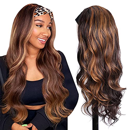 Civrie Body Wave Headband Wig for Black Women , 26 inch Glueless None Lace Front Synthetic Highlights Brown Wig with Headband