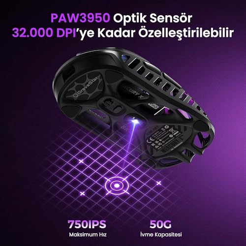 GravaStar Mercury X Pro Kablosuz Oyun Faresi - 32.000 DPI PAW 3950 Sensör, 8.000Hz Yoklama Hızı, Magnezyum Alaşımlı İçi Boş Çerçeve, RGB Aydınlatma, 5 Programlanabilir Düğme, Üç Modlu