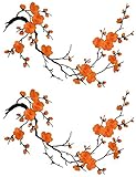 Two Asian Cherry Blossom Sakura Flower Iron on Embroidered Appliques Patch Japanese Chinese (Orange)