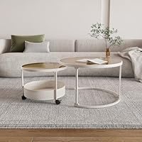 Belord 28” Versatile Nesting Round Coffee Tables Set of 2 for Living Room, Tempered Glass Stacking Nesting Table with Casters and Storage Beige