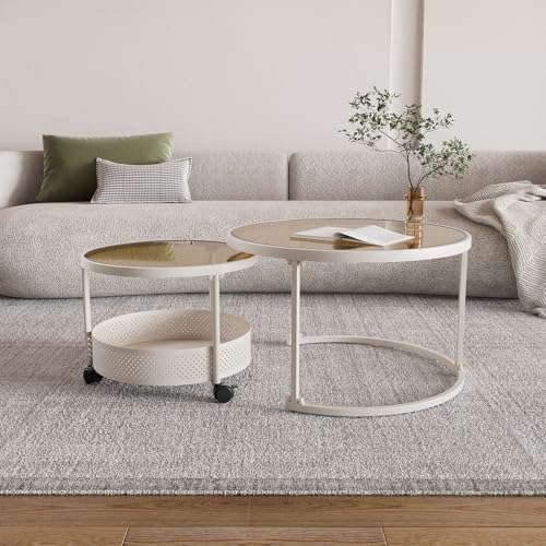 Belord 28” Versatile Nesting Round Coffee Tables Set of 2 for Living Room, Tempered Glass Stacking Nesting Table with Casters and Storage Beige