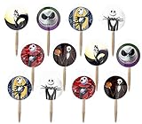 Party Over Here Jack Skellington Double-Sided Cupcake Picks Cake Toppers -12 pcs, Nightmare Before Christmas, Halloween Skeleton