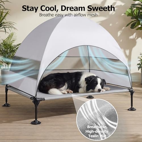 Image of Elevated Dog Bed with Upgraded Canopy, Raised Outdoor Dog Tent with Powerful Anti-Slip Feet, Portable Pet Cot with Larger Shade, Raised Cooling Bed for Camping, Backyard, Beach, Poolside