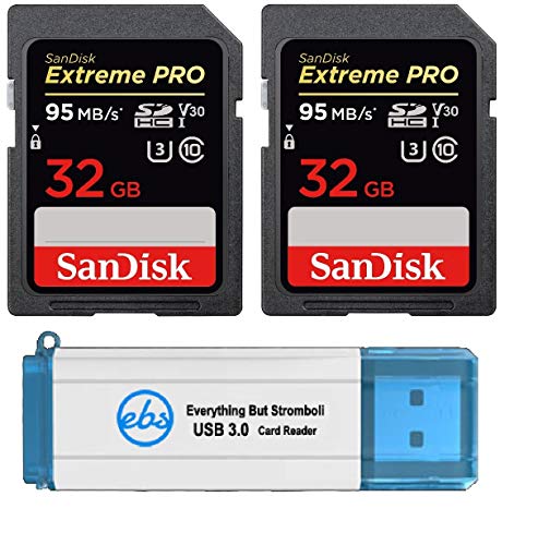 SanDisk 32GB SDHC SD Extreme Pro Memory Card (Two Pack) Works with Nikon D3500, D7500, D5600 Digital DSLR Camera 4K V30 U3 (SDSDXXG-032G-GN4IN) Bundle with (1) Everything But Stromboli 3.0 Reader