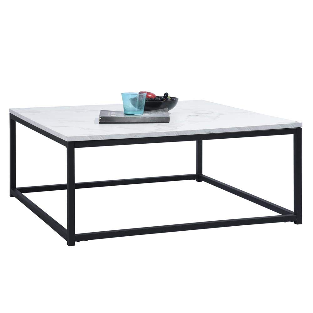 BAKAJI Tavolino Divano Tavolo caffè da Salotto Quadrato Design Moderno Industriale Struttura in Metallo con Piano d'appoggio in Legno MDF Dimensione 80 x 80 x 34 cm (Effetto Marmo)
