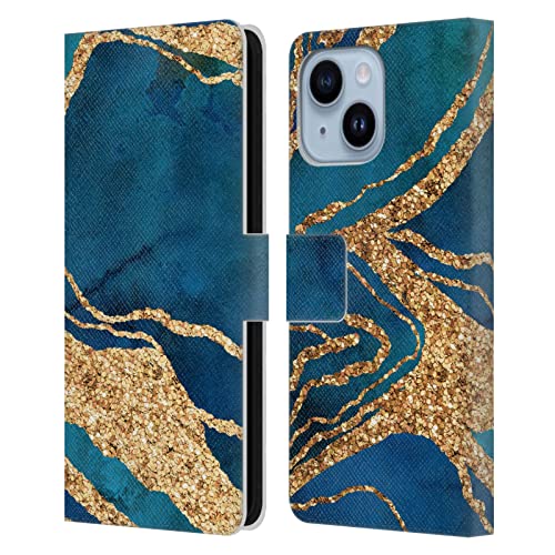 Étui portefeuille cuir iPhone 14 Plus LebensArt bleu royal or marbre