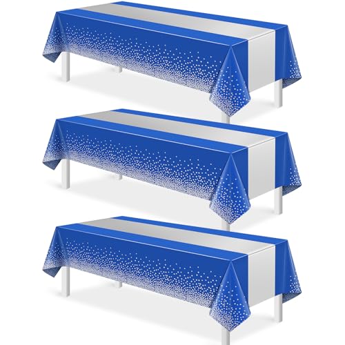 Image of 3Pcs Blue and Silver Tablecloth Party Decorations,Plastic Royal Blue Table Cloth Printed Silver Table Runner Disposable Rectangle Tables Cover for Anniversary Wedding Graduation 2025 Party,54x108 Inch