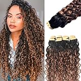 Water Wave Tape in Hair Extensions Human Hair, 20 Inch Black Hair Extensions Balayagae Auburn Brown Highlights Real Remy Human Hair Tape ins for Women 50g/pack 20pcs Invisible Tape Hair Extension