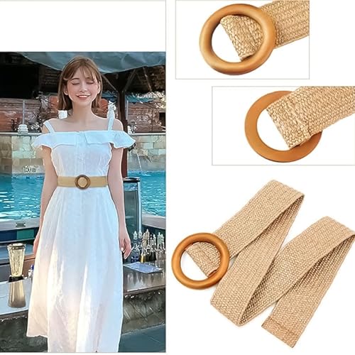 Boho Braided Belt Women, Womens Braided Belts, Wide Stretch Straw Woven Waist Belt with Round Buckle, Rattan Elastic Bohemian Waistband for Dresses, Jeans, Pants, Vacation Events4