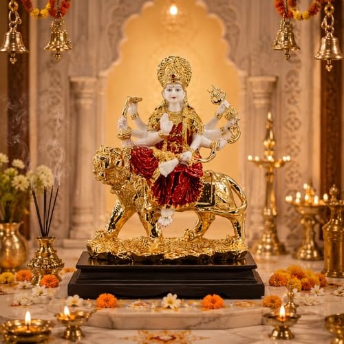 Image of Premium Maa Durga Statue on Lion - White, Gold & Red Ceramic Ambe Maa Idol - Luxury Hindu Goddess Figurine for Home Decor, Pooja Mandir, and Festive Gifting