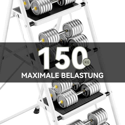 KINGRACK Stufen Leiter, Klappleiter mit Anti-Rutsch und breitem Pedal, Kleine Leiter mit Griff, Robuste Stahlleiter, leichte und tragbare Trittleiter (Weiß, 4 Stufen mit handläufen)