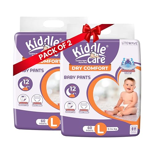 Kiddle Care Dry Comfort Baby Diaper Pants Advanced Soft Baby Pants Diaper | Large (L) | Pack of 2 | 120 Pieces | 9-14 Kg | Up to 12 Hours Protection, Prevents Leakage, Wetness Indicator