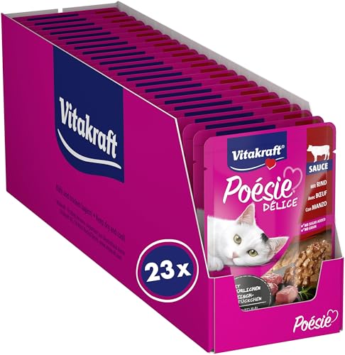 Vitakraft Poésie Délice, Nassfutter Katze, Katzennassfutter in Sauce, mit Rind, Vorratspackung, ohne Zusatz von Zucker und Getreide (23x 85g)