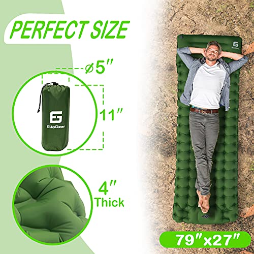Ellogear Camping Self-Inflating Air Sleeping Pad Mat Foot Pump With Pillow, Great Compact Air Sleeping Pad For Tent Travel, Backpacking, Hiking, Sleeping Over (Green) #TOP1