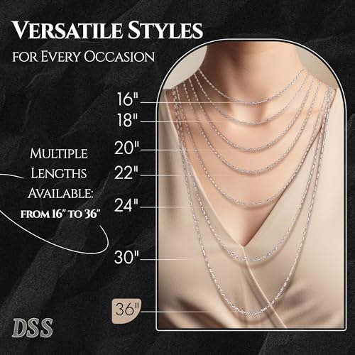 DSS 925 Sterling Silver Necklace for Women, Rope Chain 2.5mm, Lobster Claw Clasps, Sterling Silver Chain, Italian Jewelry for Women, 16in - 36in2