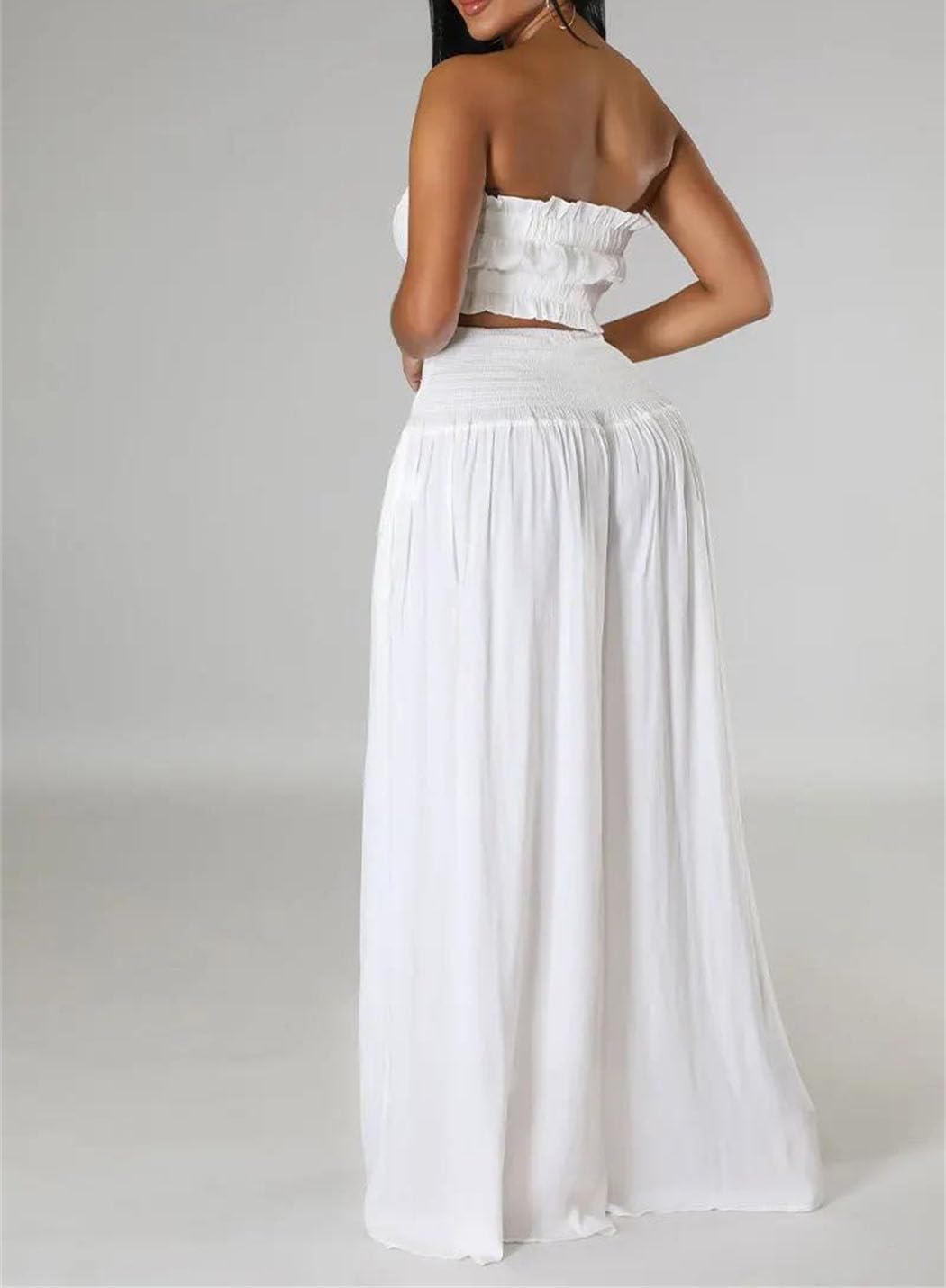 Women Strapless Crop Top High Waist Wide Leg Pants Two Piece Set Summer Beach Party Tracksuit