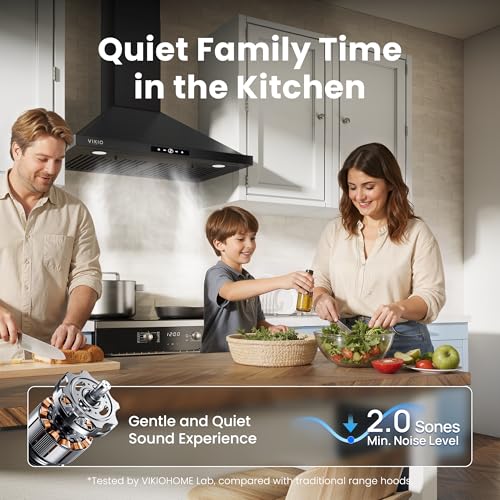 Image of VIKIO HOME 30 inch Wall Mount Range Hood, 580 CFM Kitchen Vent Hood, Ducted /Ductless Convertible with Touch Control, Stainless Steel Stove Vent Hood, Easy Clean Filter, Black