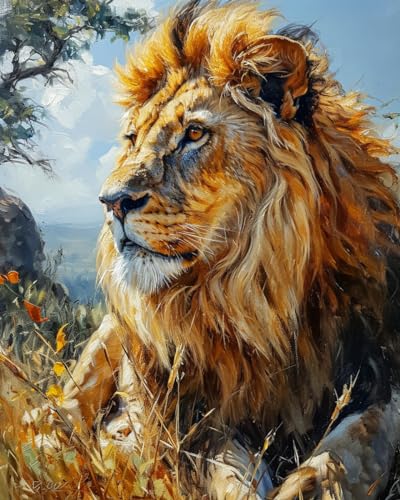 Cross-Stitch Stamped Kits, Majestic Lion prowls Savannah, Embroidery Crafts Needlepoint Kit, Beginners Starter Kits, DIY Handmade Gifts 11CT 3 Strands 16x20 inch
