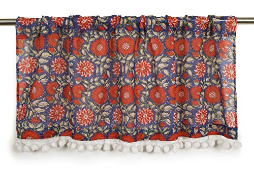 Image of Ravaiyaa - Attitude is everything Cotton Hand Block Printed Floral Design Short Drapery Valance Curtain for Kitchen /Laundry Room /Studio 40 inch X 18 inch Inch (Blue)