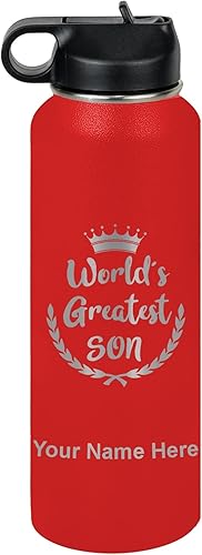 Miniatura 10 de LaserGram Botella de agua con tapa abatible de doble pared de 20 onzas con pajilla, el hijo más grande del mundo, grabado personalizado incluido