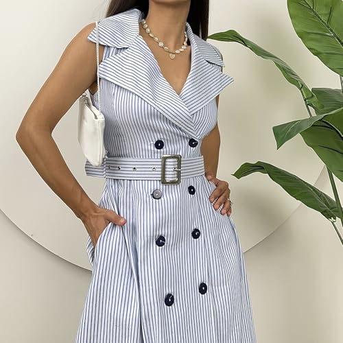 Womens Striped Midi Dress V-Neck Lapel Self-Tie Belt Flowy A-Line Office Work Dress for Casual and Professional3