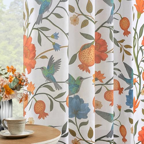 Image of JOOJA White Floral Linen Curtains, Boho Whimsical Bird Print Curtains for Bedroom Window Colorful Patterned Sheer Curtains for Living Room Kitchen 2 Panels 84 Inches Long