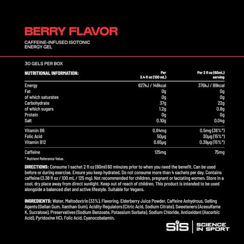 Image of Science in Sport GO Energy + Caffeine Energy Gel for Elite Athletes - 22g Carbohydrates & 75mg Caffeine - Isotonic Formula - Sports Nutrition - Berry Flavor - 30 Count