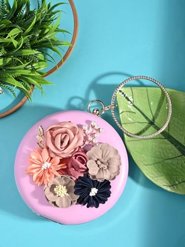 Image of TOOBA Handicraft Women's Round Shape Clutch Bag Purse | Floral Bag, Bridal Purse & Party Handbag Design with Ring Handle - Wedding & Special Occasion Clutch