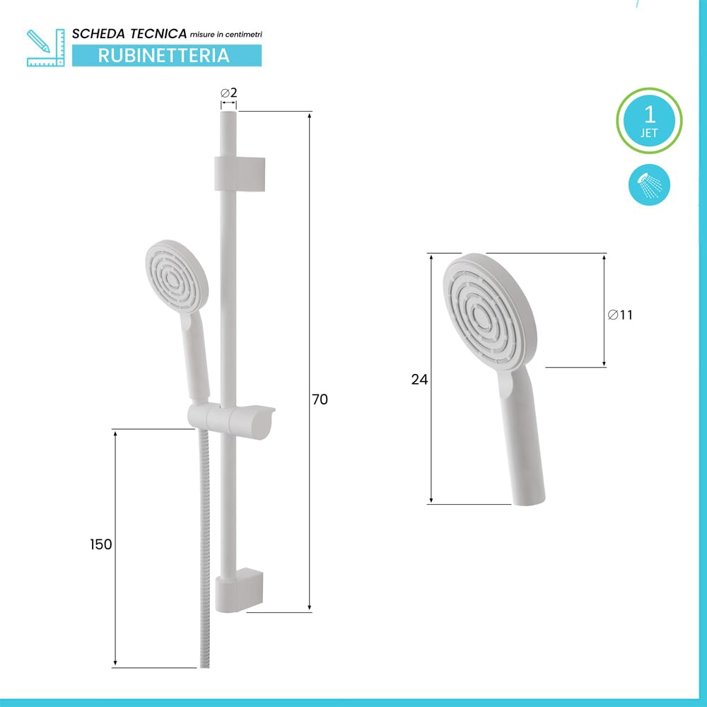 Saliscendi Doccia Da 70 Cm Tondo Anticalcare In ABS Bianco Opaco Lucido Regolabile Con Doccetta Monogetto Da 24 Cm E Tubo Flessibile Da 150 Cm Con Fissaggi Inclusi Hidra